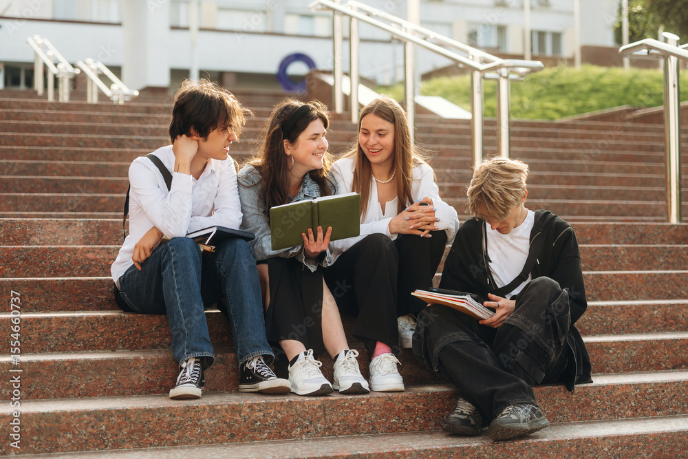 Fototapeta premium Under sunlight, sitting. Group of students are near university together