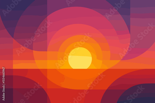 Flat Minimalist Landscape Sunset Circle Geometric Shape Illustration Graphic Design