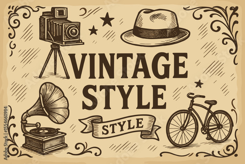 Vintage Style Detailed Illustration with Gramophone, Camera, Bicycle and Hat