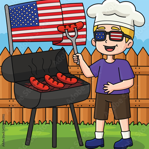4th of July Cooking Hotdogs Colored Cartoon 