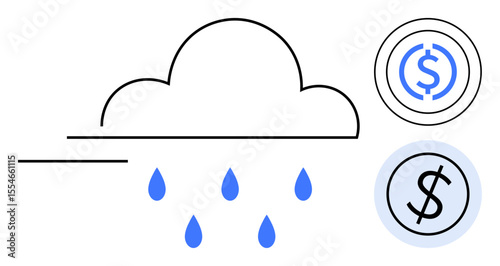 Cloud releasing blue drops paired with dollar sign coins. Ideal for finance, saving, economic growth, investing, wealth management, fintech, online banking ideas. Simple flat metaphor