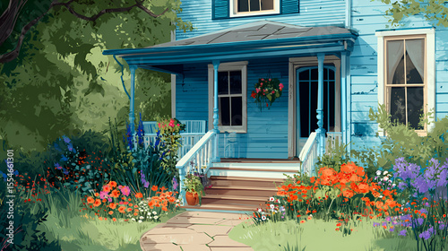 Blue house with covered porch surrounded by vibrant flowers path leading to stairs