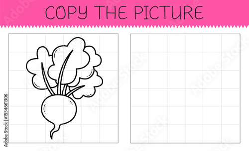 Copy the picture educational game for kids with radish. Cute cartoon radish. Vector illustration.