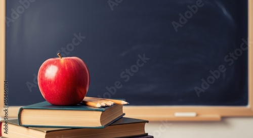 An old red apple rests on a stack of worn books in front of a dusty blackboard ready for a new school day education knowledge learning learning and growth opportunities