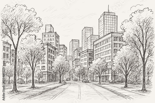 Handdrawn Sketch Cityscape Urban Scene with Trees and Building Illustrations