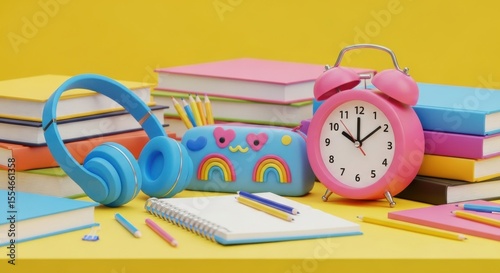Vibrant School Supplies Arrangement Featuring Headphones A Pencil Case An Alarm Clock And Stacks Of Colorful Books On A Yellow Desk Creating An Inviting Educational Atmosphere