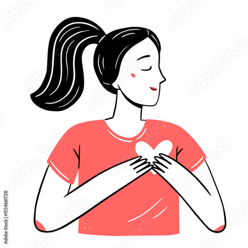 Young woman with a heart in her hands in a simple linear doodle style. Vector isolated illustration.