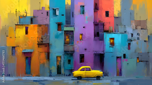 Colorful building facades with a yellow vintage car parked in front