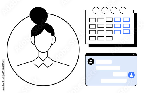 Abstract female avatar in a circle, task calendar with dates, and messaging interface. Ideal for teamwork, organization, communication, scheduling, collaboration, productivity simple landing page