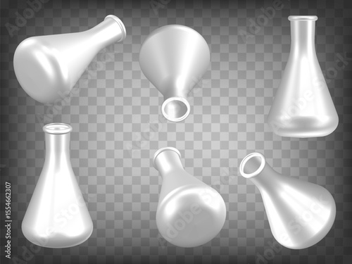 Set of 3d Chemical flask on transparent background. Chemical flask 3d icon illustration with different views and angles.  Abstract concept of graphic elements for your design