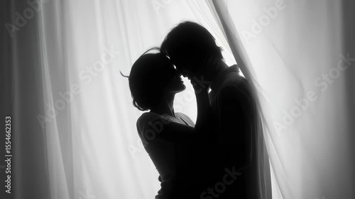 Silhouetted couple sharing a romantic moment in front of softly lit curtains, evoking intimacy, tenderness, and deep emotional connection.