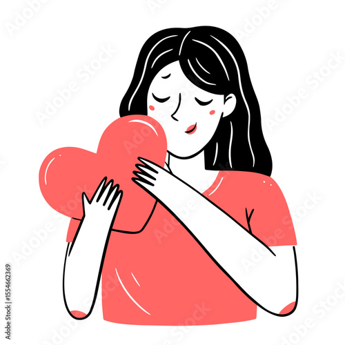 Young woman hugging a heart in a simple linear doodle style. Vector isolated illustration.