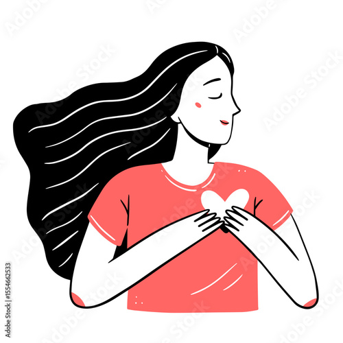 Young woman with a heart in her hands in a simple linear doodle style. Vector isolated illustration.