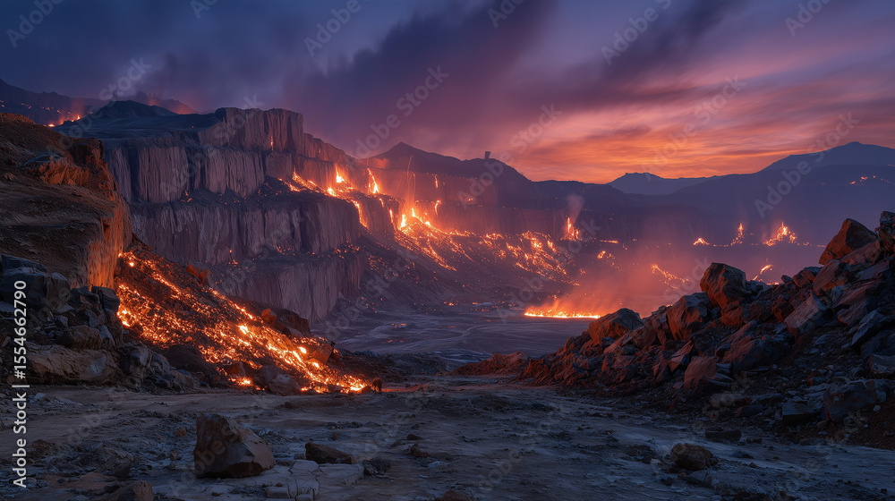 Fototapeta premium Coal fire smolders beneath the earthâs surface in a mining wasteland, glowing red fissures cracking the ground, dark smoke oozes upward, a visual metaphor for long-term environment