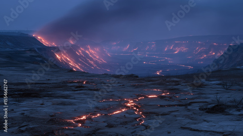 Coal fire smolders beneath the earthâs surface in a mining wasteland, glowing red fissures cracking the ground, dark smoke oozes upward, a visual metaphor for long-term environment