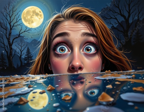 Closeup Portrait of a Fearful Woman at Night Reflected in Water under a Full Moon