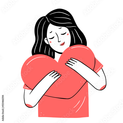 Young woman hugging a heart in a simple linear doodle style. Vector isolated illustration.