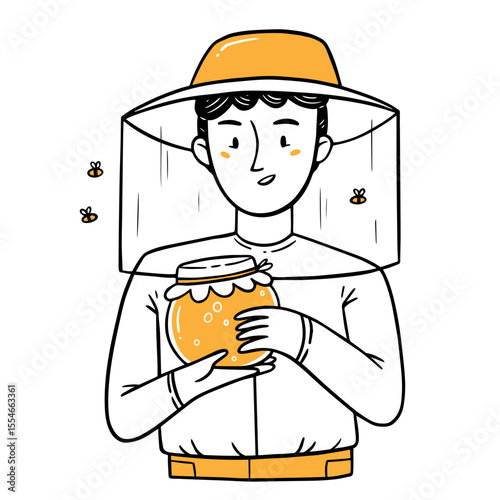 Man beekeeper with jar of honey with bees. Isolated vector illustration in doodle style.