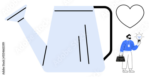 Businessman holding a light bulb next to a large watering can and heart outline. Ideal for innovation, growth, care, creativity, strategy, support, teamwork. A simple flat metaphor