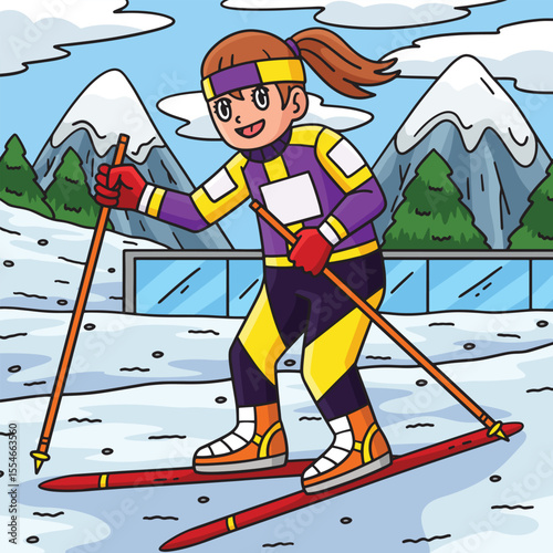 Biathlon Female Biathlete Skiing Colored Cartoon 