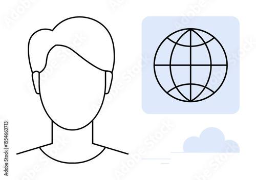 Abstract face silhouette paired with a globe and cloud element, symbolizing global identity, connection, diversity, and online presence. Ideal for communication, network, inclusivity, social media