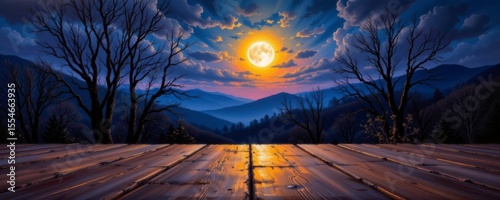 Night Landscape with Full Moon over Mountains