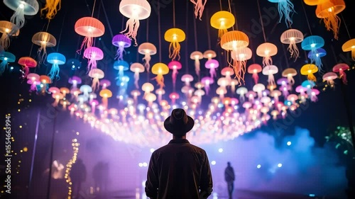 Man gazes at vibrant, glowing jellyfish-shaped lanterns in a misty night scene
