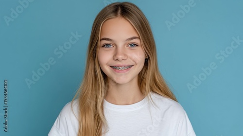 Smiling teenager with braces showcases joyful expression against a simple blue background