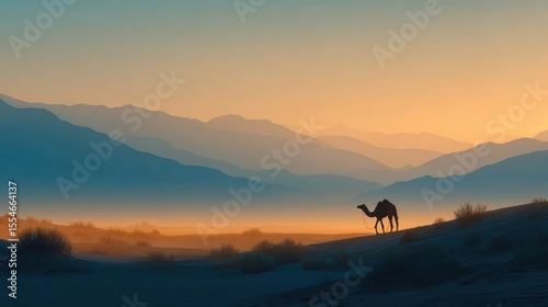 Desert landscape with camel silhouette and distant mountains, symbolizing adventure tourism