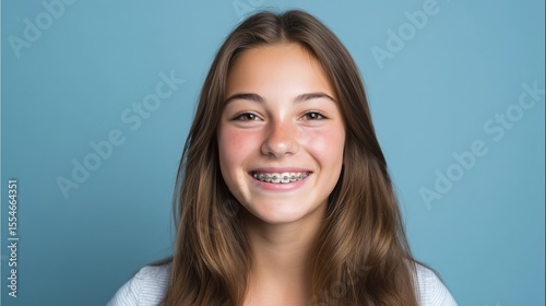 Smiling teenager with braces expressing joy on a plain blue background enhancing youthful charm