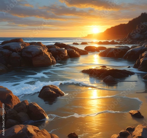 Illustration of rocky ocean shore.