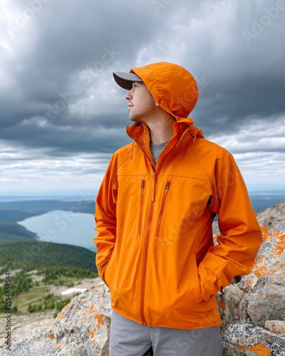 urban rainwear editorial Man in Orange Jacket Standing on Rocky Outcrop with Scenic View pet and owner rain jacket minimalist adventure rain style