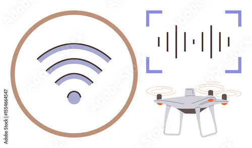 wireless signal icon, sound wave visualization, and a quadcopter drone concept. Ideal for technology, wireless communication, automation, drone use, audio systems, connectivity remote control