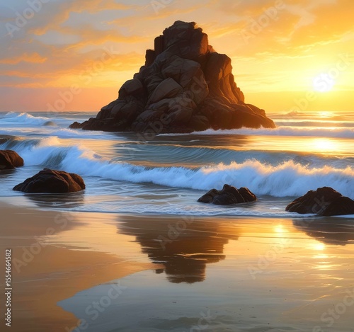 Illustration of rocky ocean shore.