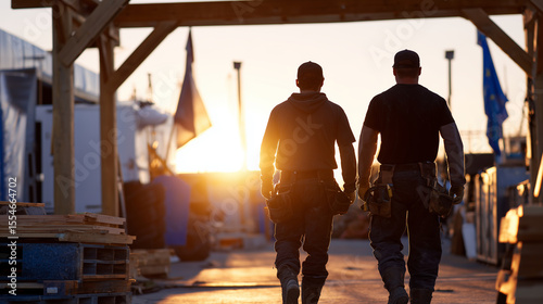 Industrial worksite interior with beams, scaffolding, and crates as two workers stride purposefully toward the glowing sunlit gate, silhouettes captured in a moment of quiet dignit