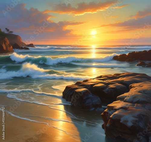 Illustration of rocky ocean shore.
