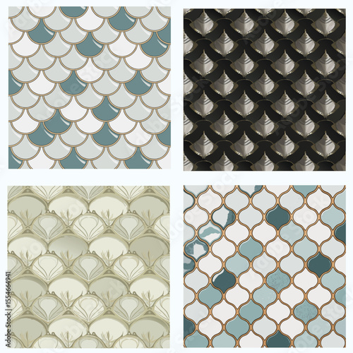 Art Deco Fish Scale Pattern, White and Light Gray Geometric Fish Scales with Golden Outline in Art Deco Style, Seamless Vector for Wallpaper, Tile Design, Background, and Luxury Interior Decoration