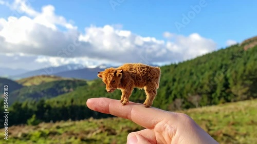 Miniature Highland cow on a finger, scenic landscape background