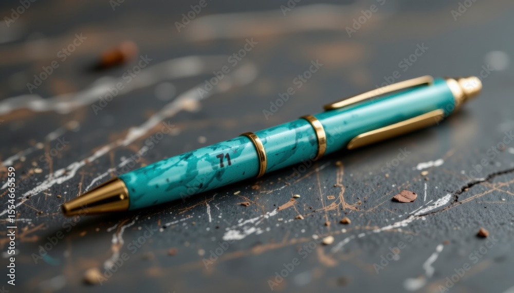 Closeup of Teal and Gold Marble Pen on Dark Textured Surface Closeup of Teal and Gold Marble Pen on Dark Textured Surface