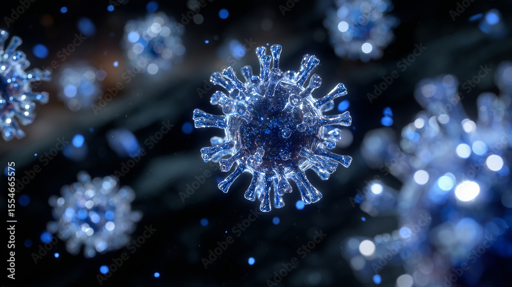 Fototapeta premium Array of coronavirus cells rendered in various shades of blue, floating in microgravity within a synthetic biological space, futuristic medical concept