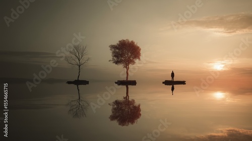Symbolic journey of resilience and healing at dawn with trees and a lone figure by the water