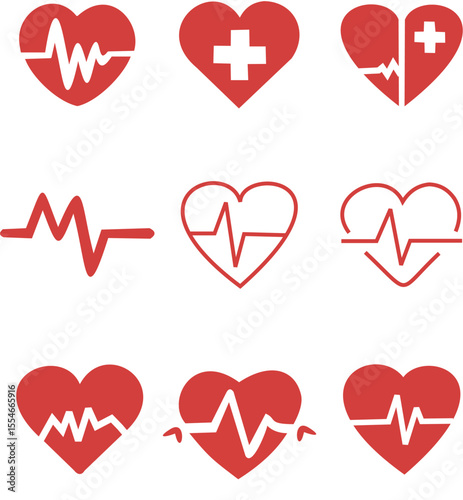 Medical Heart Icons Set – Heartbeat, ECG Pulse, and Health Cross Symbol Vector Collection