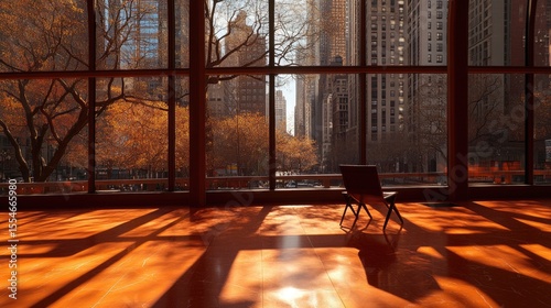 Sunny city view through large windows, with a simple chair in the foreground.