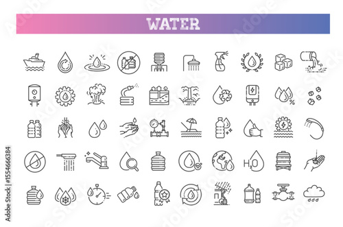Water line icons set. Linear icon collection