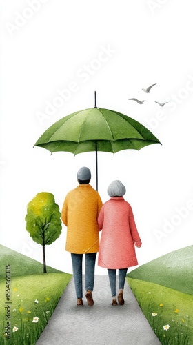 urban rainwear editorial Elderly Couple Walking Under Green Umbrella in Nature Scene pet and owner rain jacket minimalist adventure rain style