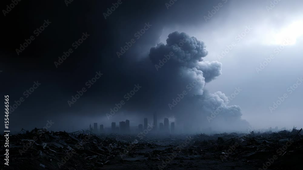 Dark clouds loom over a devastated city, revealing a somber atmosphere and hints of destruction in the distance