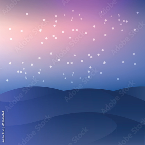 a night or evening sky background with a gradient transition from pink to dark blue with numerous small stars scattered throughout. The silhouette of undulating hills is visible in the lower part