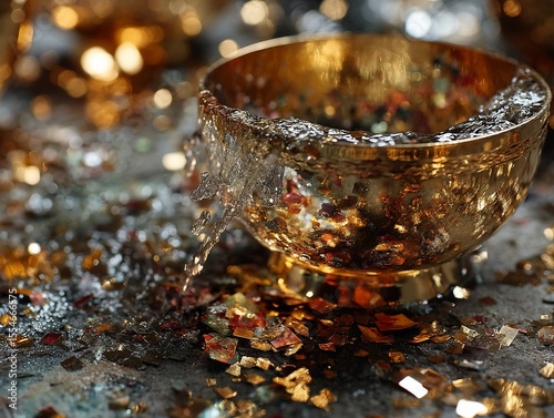 Golden bowl overflowing with water and confetti