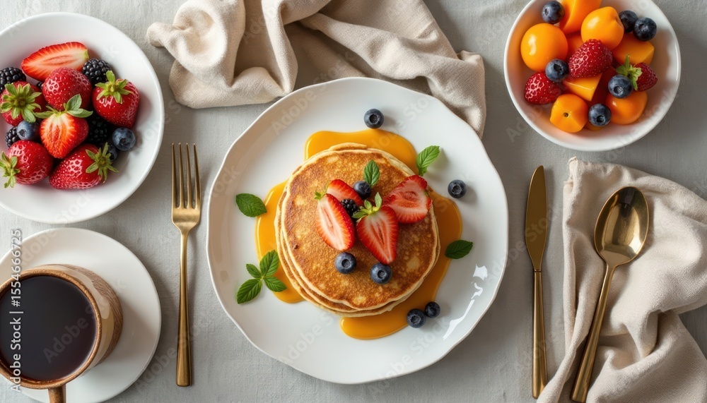 custom made wallpaper toronto digitalStack of pancakes topped with fresh berries and syrup, served with fruit salad and coffee.