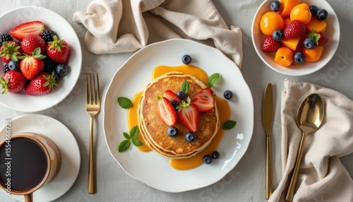 Wallpaper Mural Stack of pancakes topped with fresh berries and syrup, served with fruit salad and coffee. Torontodigital.ca